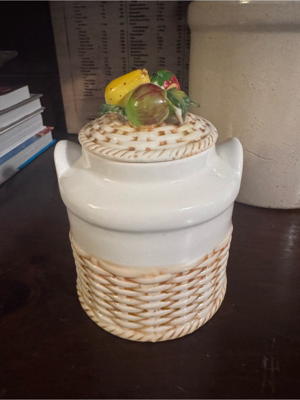Vintage 1970s Ceramic Fruit Basketweave Canister Cookie Jar Mid Century CTF